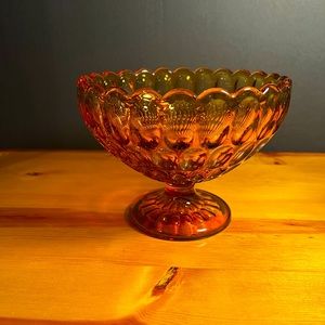 Vintage Amber Glass Candy Dish Thumbprint Scalloped Ribbed Stem Pedestal Indiana